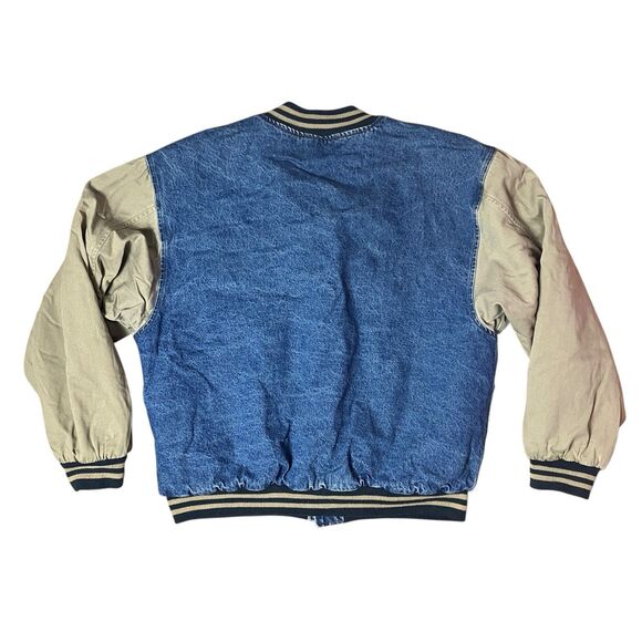 No Fear Varsity Jacket Mens L Denim Blue Beige Sleeve 90s Y2K Streetwear Retro - Picture 11 of 13